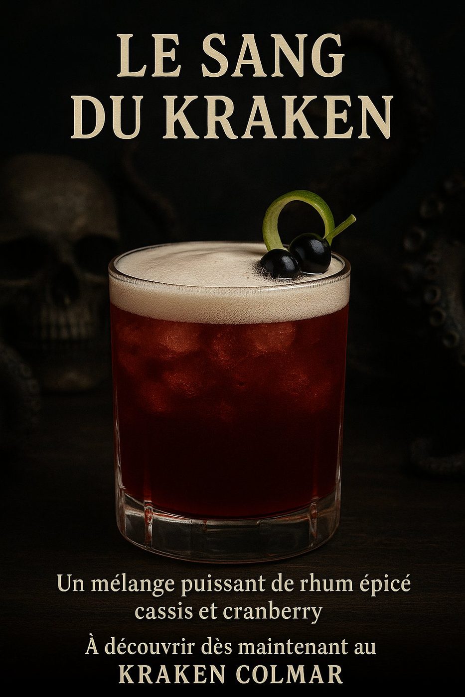Cocktail Le Sang du Kraken (rhum épicé, cassis, cranberry) au Kraken Colmar
